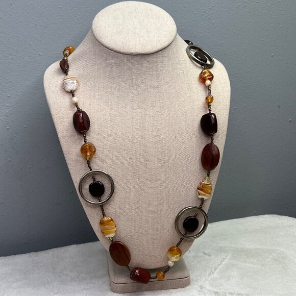 Chunky Beaded Polished Stone Necklace Earthy Boho Brown Amber Silver Tone Long - Picture 2 of 6